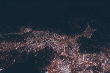 Fototapeta na wymiar Kitakyushu aerial view at night. Top view on modern city with street lights