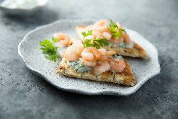 Sandwich with cream cheese and shrimps