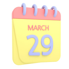 29th March 3D calendar icon. Web style. High resolution image. White background