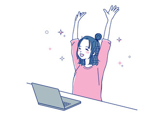 パソコンの前で喜ぶ女性のイラスト（カラー）