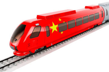 Chinese flag painted on the high speed train. Rail travel in the China, concept. 3D rendering