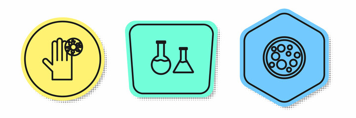 Set line Hand with virus, Test tube flask and Virus. Colored shapes. Vector
