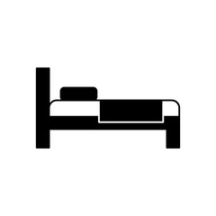 Bed furniture icon in black flat glyph, filled style isolated on white background