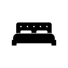 Bed furniture icon in black flat glyph, filled style isolated on white background