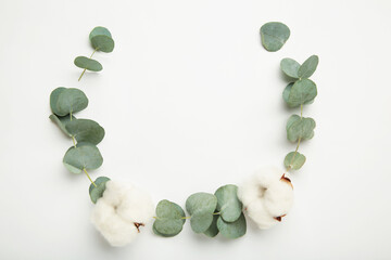 Flowers composition. Cotton flowers and eucalyptus branches on light background. Vertical photo © Mouse family