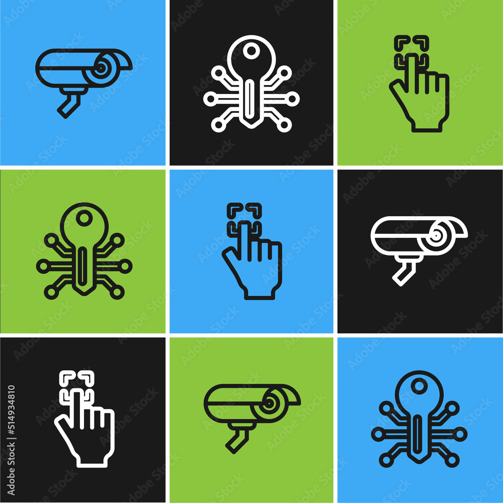 Poster set line security camera, fingerprint and smart key icon. vector