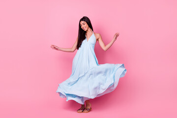 Full length photo of stunning lady posing evening event wear fluttering skirt clothes isolated...