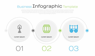 Set line Shovel, Gun powder barrel and Wild west covered wagon. Business infographic template. Vector