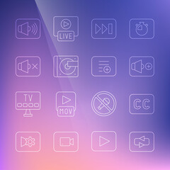 Fototapeta premium Set line Repeat button, Subtitles, Speaker volume, Fast forward, Vinyl player with vinyl disk, mute, and Add playlist icon. Vector