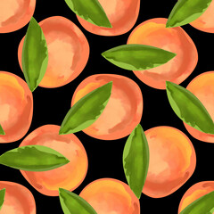 Seamless pattern with illustration of peaches on a black background