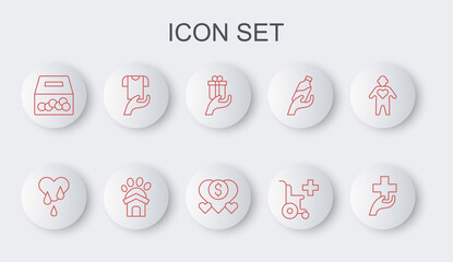 Set line Heart with cross, Blood donation, Give gift, Wheelchair for disabled person, Donation and charity, Clothes, Animal shelter house and icon. Vector