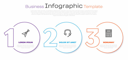 Set line Electric bass guitar, Headphones and Calculator. Business infographic template. Vector