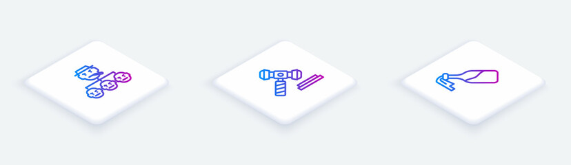 Set Isometric line Mafia, Judge gavel and Cocktail molotov. White square button. Vector