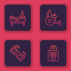 Set line Patient with broken leg, Eyeglasses, Electric wheelchair and Intercom. Blue square button. Vector