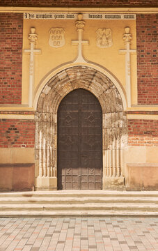  The door in The Roman Catholic church of St. Bartholomew. City of Drohobych, Ukraine.