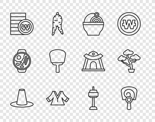 Set line Korean hat, hand fan, Ramen, Kimono, South won coin, N Seoul tower and Bonsai tree icon. Vector