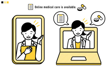 スマホやパソコンでオンライン診療 問診や処方箋を出す女医_黄