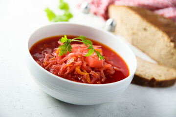 Traditional homemade beetroot soup with fresh parsley