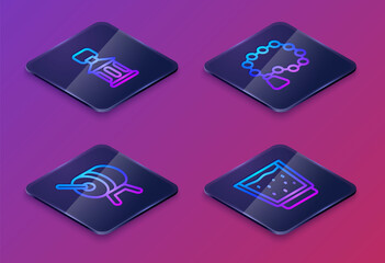 Set Isometric line Ramadan Kareem lantern, drum, Rosary beads religion and Glass with water. Blue square button. Vector