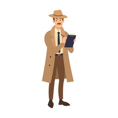 Detective with mustache vector illustration. Character in coat and hat, investigator or inspector solving mystery isolated on white