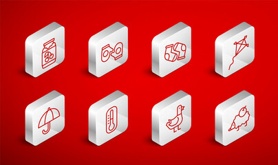 Set line Hedgehog, Christmas mitten, Socks, Kite, Dove, Jam jar, Thermometer and Umbrella icon. Vector