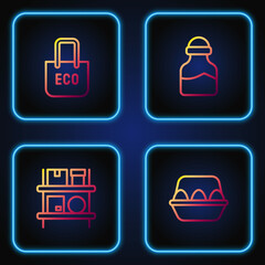 Set line Chicken egg in box, Warehouse interior with boxes, Shopping bag recycle and Spice can. Gradient color icons. Vector