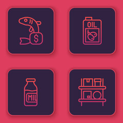 Set line Price tag for fish, Bottle with milk, of olive oil and Warehouse interior boxes. Blue square button. Vector