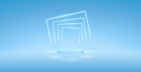 Podium with Neon on Light Blue Background