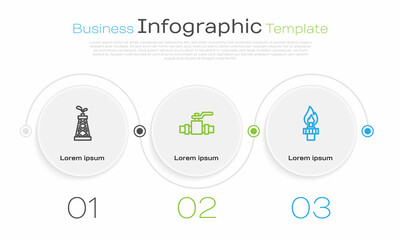 Set line Oil rig, Metallic pipes and valve and with fire. Business infographic template. Vector