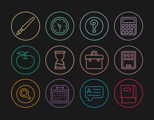 Set line Book, Graphic tablet, Speech bubbles with Question, Old hourglass, Apple, Paint brush, Briefcase and Clock icon. Vector
