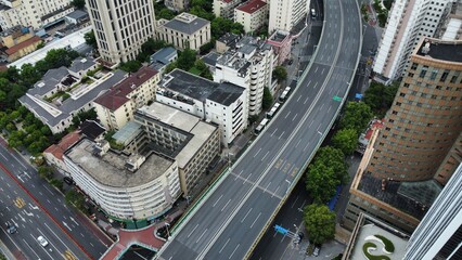 Shanghai empty avenue because of lockdown 2022 
aerial view