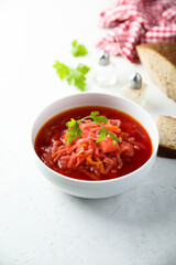 Traditional homemade beetroot soup with fresh parsley