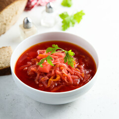 Traditional homemade beetroot soup with fresh parsley