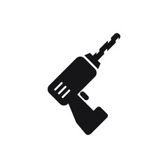 Hand drill icon in in black colour on white background. Drill machine icon for handyman concept. Household instrument in cartoon design. Electric device for repairman. Vector illustration. 