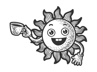 happy good cartoon sun with cup of coffee sketch engraving raster illustration. T-shirt apparel print design. Scratch board imitation. Black and white hand drawn image.