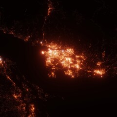Vancouver city lights map, top view from space. Aerial view on night street lights. Global networking, cyberspace