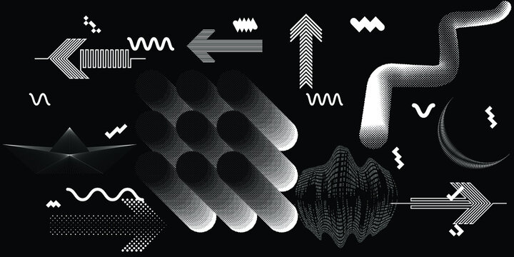 Black and white modern background with halftone dots and lines. Vector design composition with various geometric shapes . Collage of vector design elements .Abstract contemporary art . New modernism .