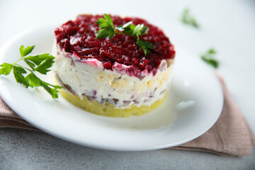 Traditional herring salad with beetroot