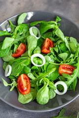 green salad vegetable tomato, onion, lettuce mix, mache green fresh healthy meal food snack diet on the table copy space food background rustic top view 