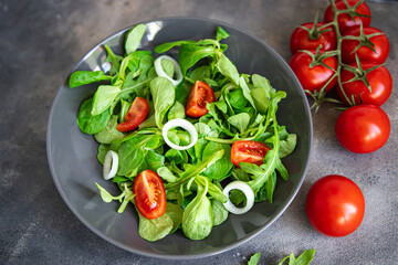 green salad vegetable tomato, onion, lettuce mix, mache green fresh healthy meal food snack diet on the table copy space food background rustic top view 