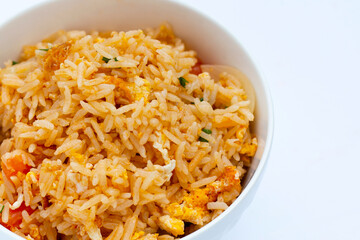 Egg fried rice in white bowl