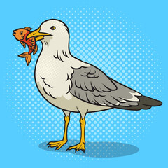Seagull with fish in its beak pop art retro raster illustration. Comic book style imitation.