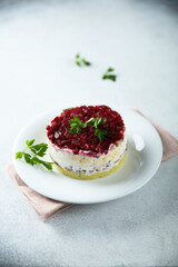 Traditional herring salad with beetroot
