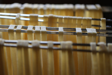 Homemade fettuccine pasta drying. Home cooking of traditional Italian pasta.