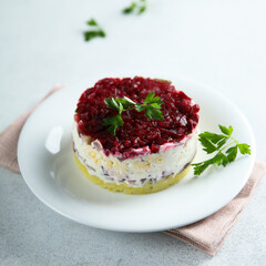 Traditional herring salad with beetroot