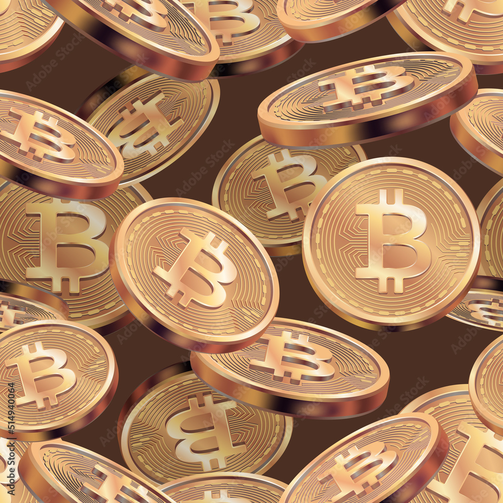 Poster bitcoin pattern. realistic cryptocurrency coins web blockchain technology decent vector seamless bac