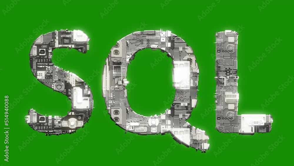 Poster silver grey cybernetical text sql with animation on chroma key screen, isolated - loop video