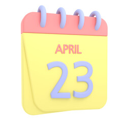 23rd April 3D calendar icon. Web style. High resolution image. White background