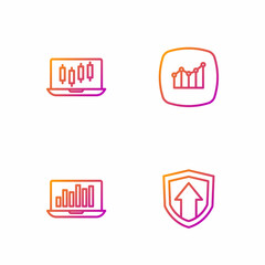 Set line Financial growth, Laptop with graph chart, Stocks market graphs and . Gradient color icons. Vector