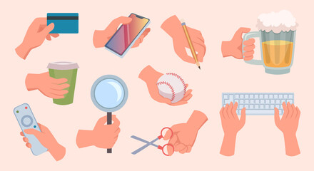 Cartoon hands. Stylized hands gestures sketched human gloves holding different tools and gadgets exact vector illustrations